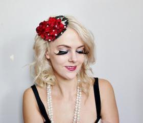 burlesque head piece // fasinator, black lace, red flowers, feather hair piece, floral headpiece // fasinator