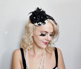 black lace head piece // fasinator, sequins, black flowers, feather hair piece, red tulle