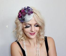 purple and grey piece // fasinator, quirky, circus, feather hair piece
