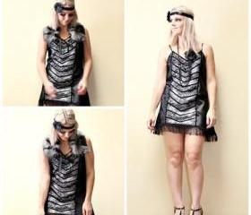 Flapper Black and Grey Chevron Speakeasy Vintage Slip Make Over - one of a kind