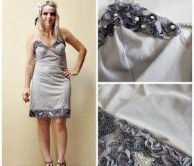 Flapper 1920s Vintage Slip Make Over hand dyed grey with beading Roaring 20s