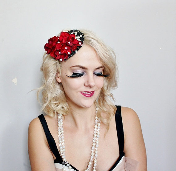burlesque head piece // fasinator, black lace, red flowers, feather hair piece, floral headpiece // fasinator