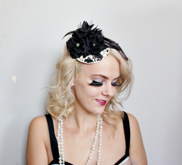 black lace head piece // fasinator, sequins, black flowers, feather hair piece, red tulle