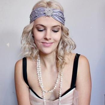 1920s grey and beaded rhinestone turban
