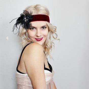 1920s burgundy velvet and black art deco feather headband