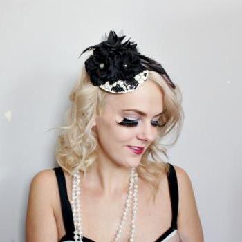 black lace head piece // fasinator, sequins, black flowers, feather hair piece, red tulle