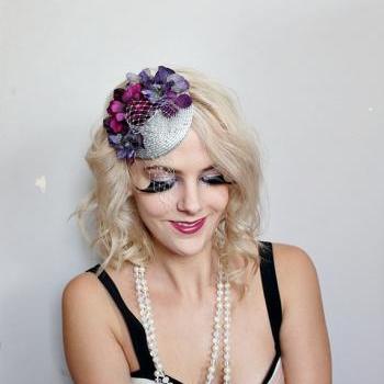 purple and grey piece // fasinator, quirky, circus, feather hair piece