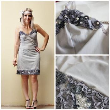 Flapper 1920s Vintage Slip Make Over hand dyed grey with beading Roaring 20s